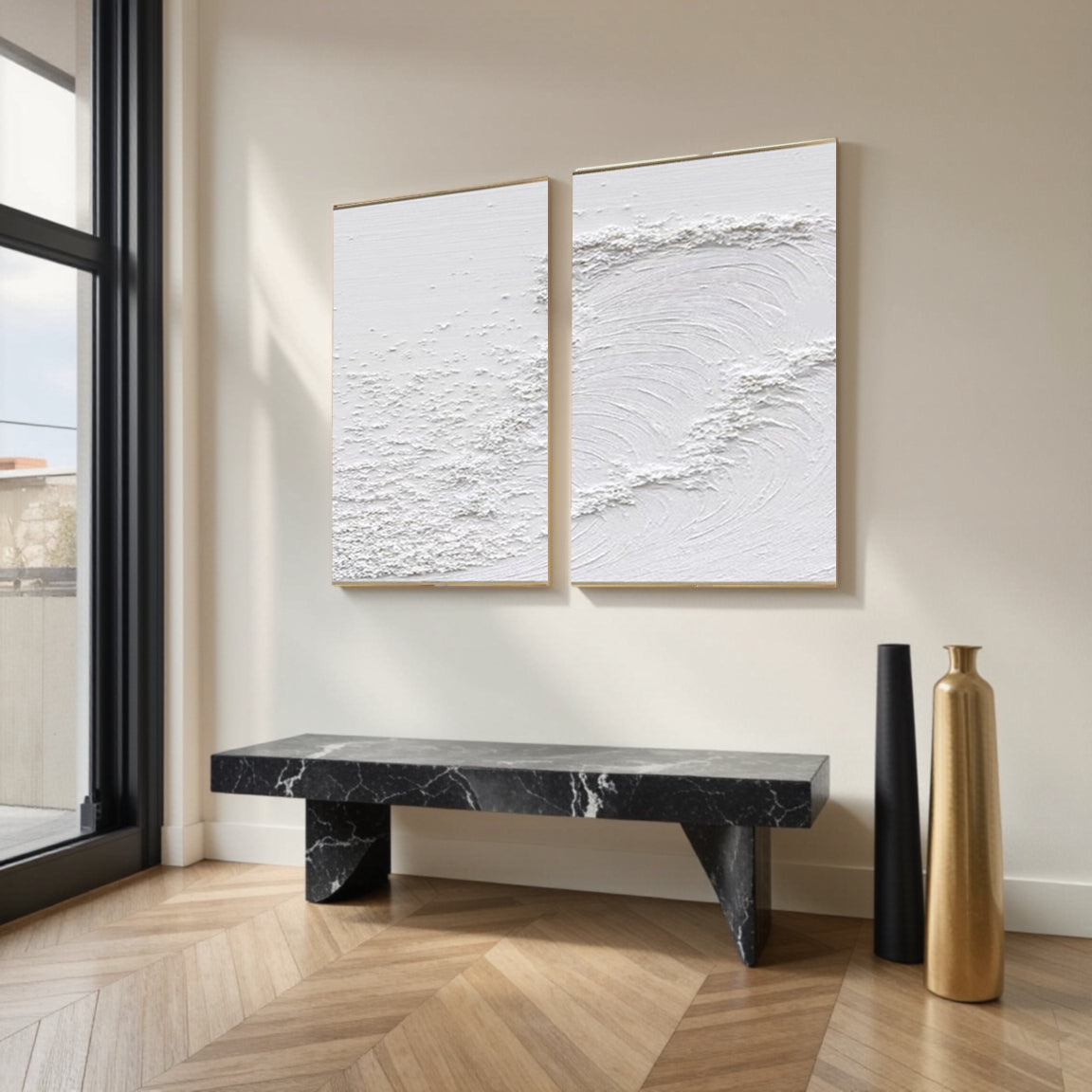 White Minimalist Textured Paintings Canvas Set of 2 #MM080