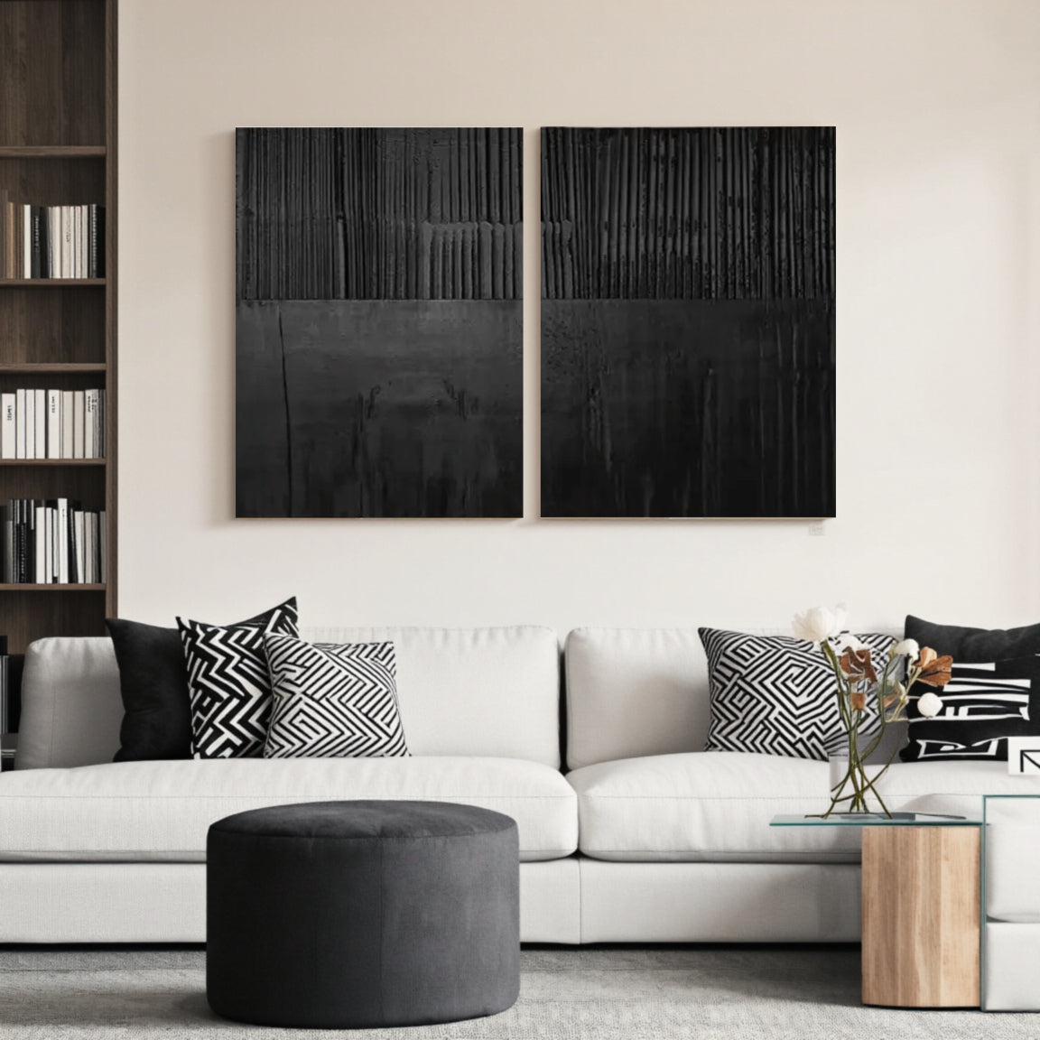 Black Minimalist Textured Painting Canvas Set of 2 #MZ028