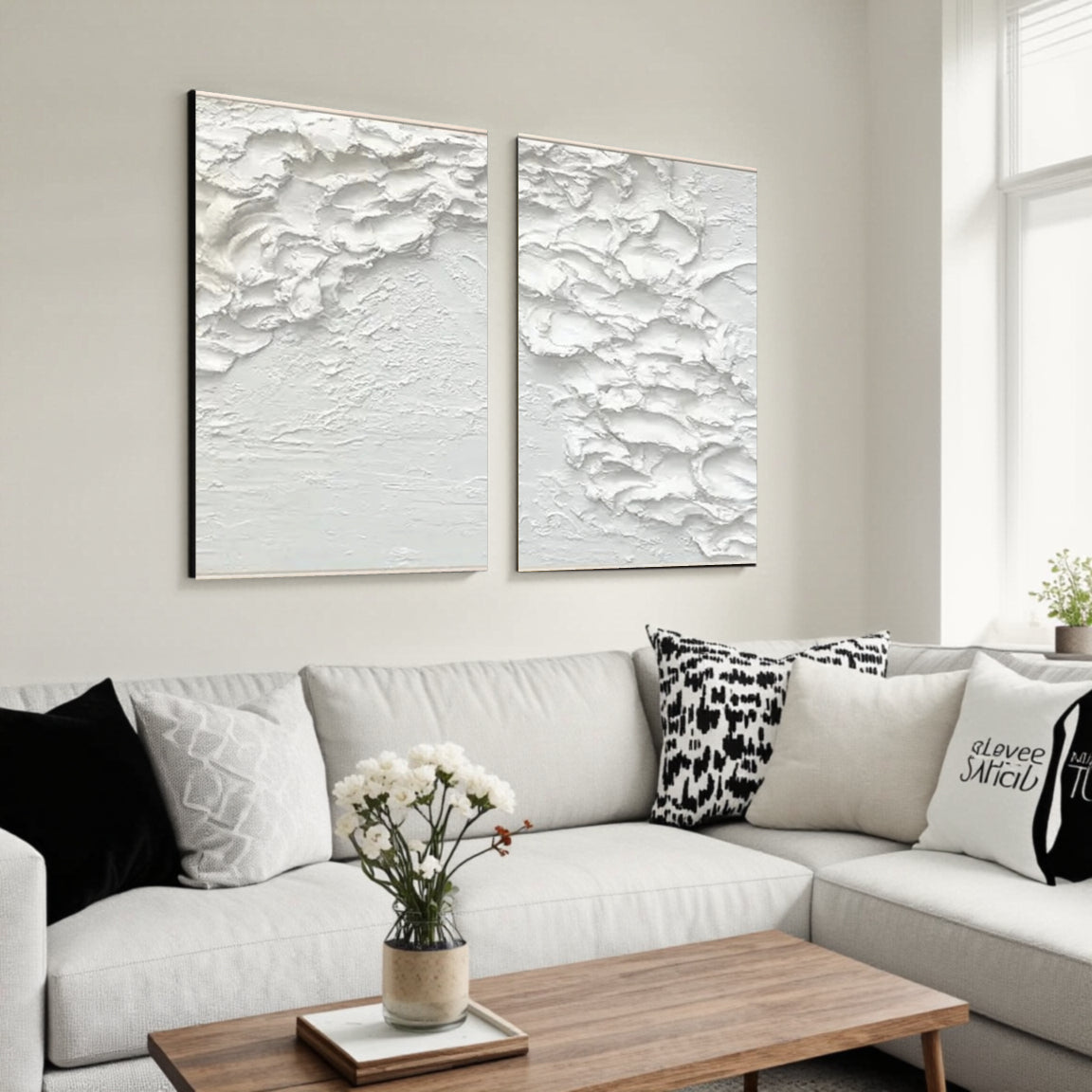 White Minimalist Textured Paintings Canvas Set of 2 #MM061