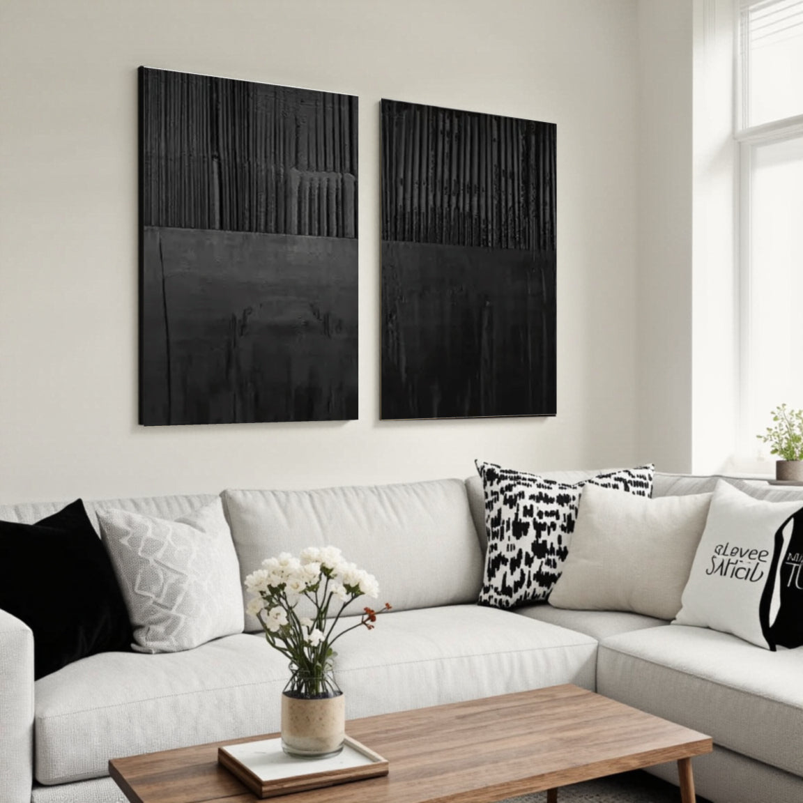 Black Minimalist Textured Painting Canvas Set of 2 #MZ028