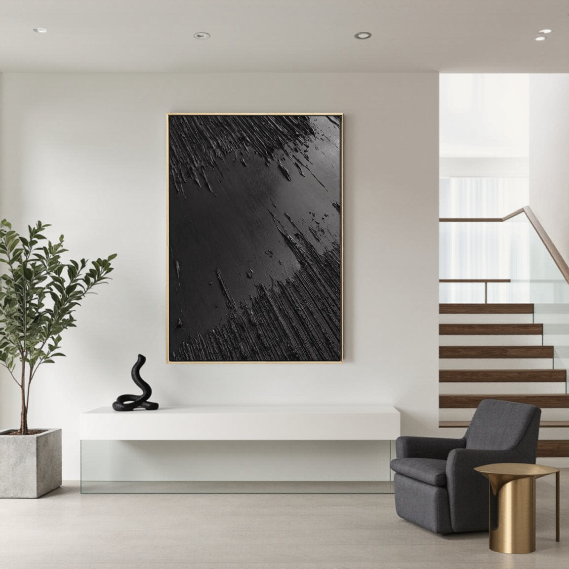 Black Minimalist Textured Painting Canvas #MZ013