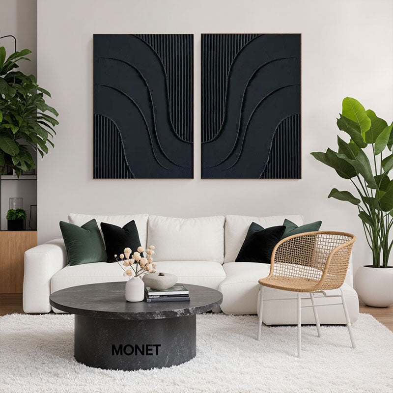 Black Plaster Art Minimalist Textured Paintings Set of 2 #MZ027